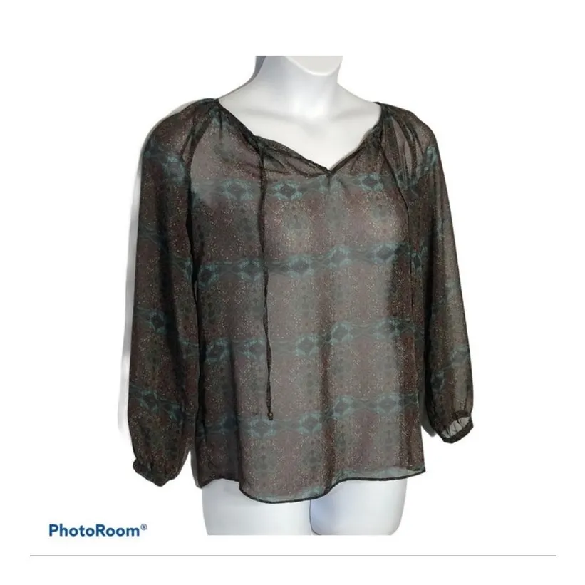 Zara Basic Boho Sheer Blouse Self-Tie Neck Multicolor Long Sleeve Small - Image 4