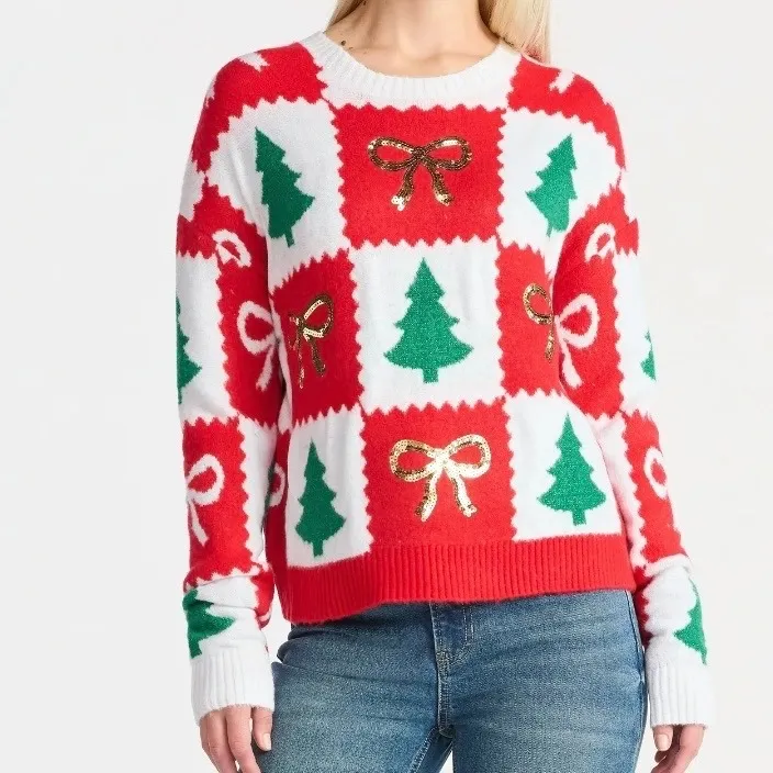 Holiday Time Christmas Tree Sequin Bow Sweater Womens Small Red White - Image 5