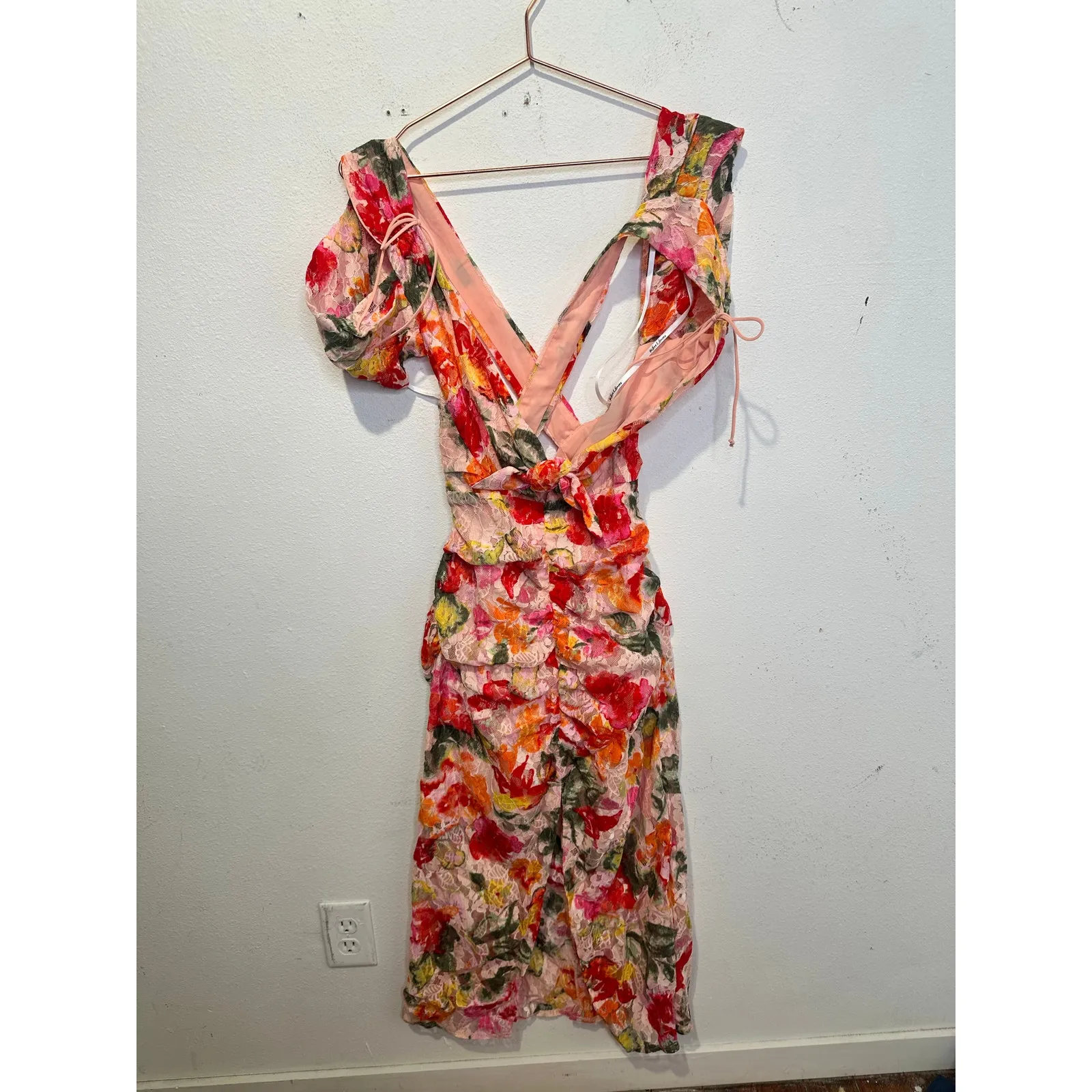 FOR LOVE AND LEMONS Pink Yellow Beth Ruched Corded Fitted Midi Dress size Medium - Image 4