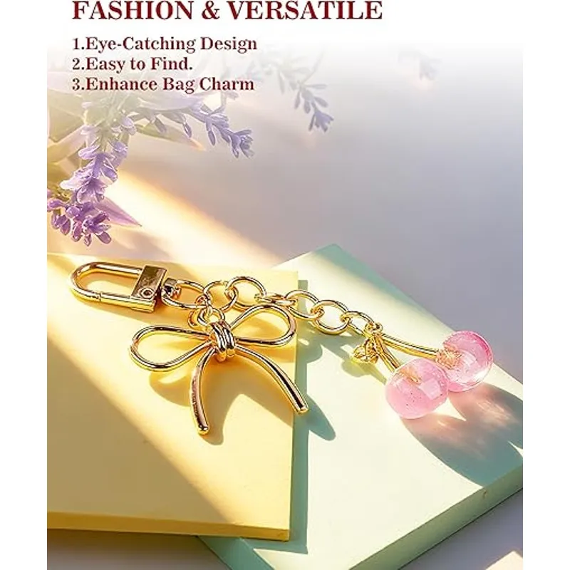 Resin Pink Cherry KeyChain Cute Sparkle Cherries with Bow Purse Bag Charms - Image 2