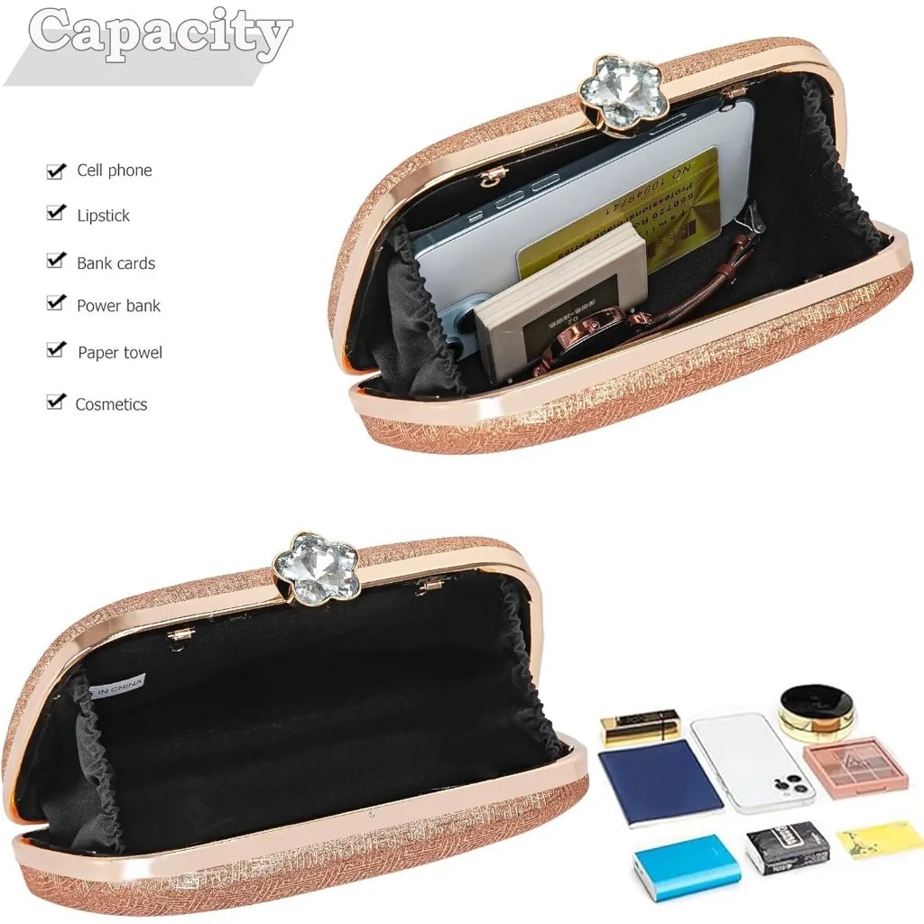 ⚡ Women's Gold Elegant Rhinestone Formal Events Unique Clutch Chain Strap Bag - Image 5