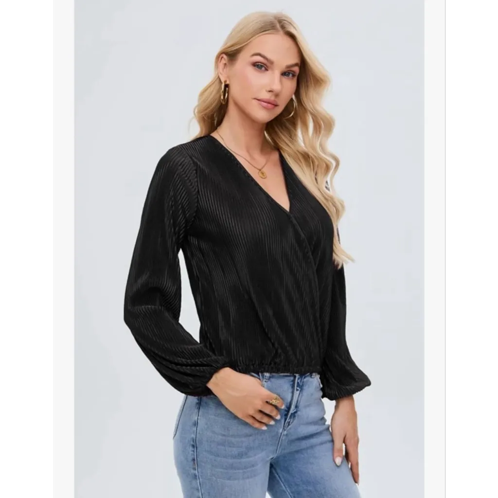 NEW Black Plisse Long Lantern Sleeve Loose Fit V Neck Blouse Top XS - Image 5