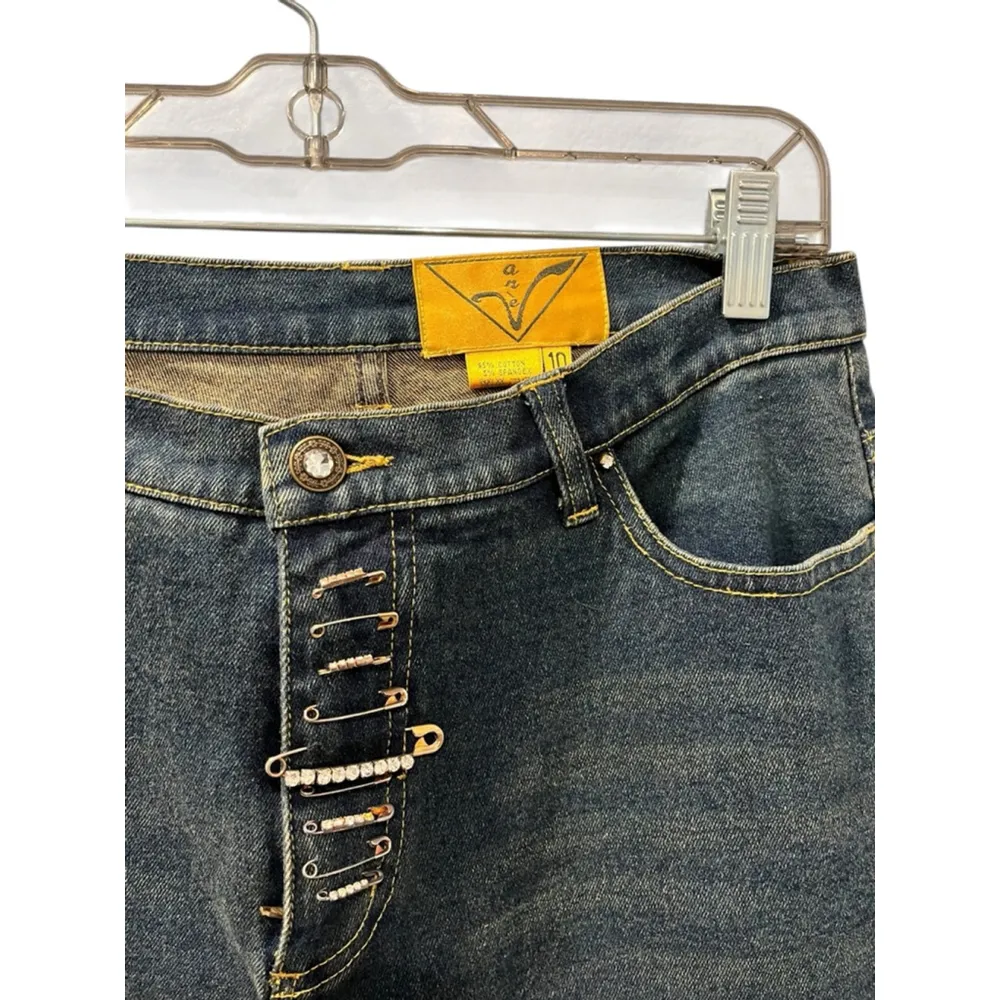 Ane' V Y2k Vintage Rhinestone Safety Pin Denim Blue Jeans Size 10 Bling Distress - Image 2