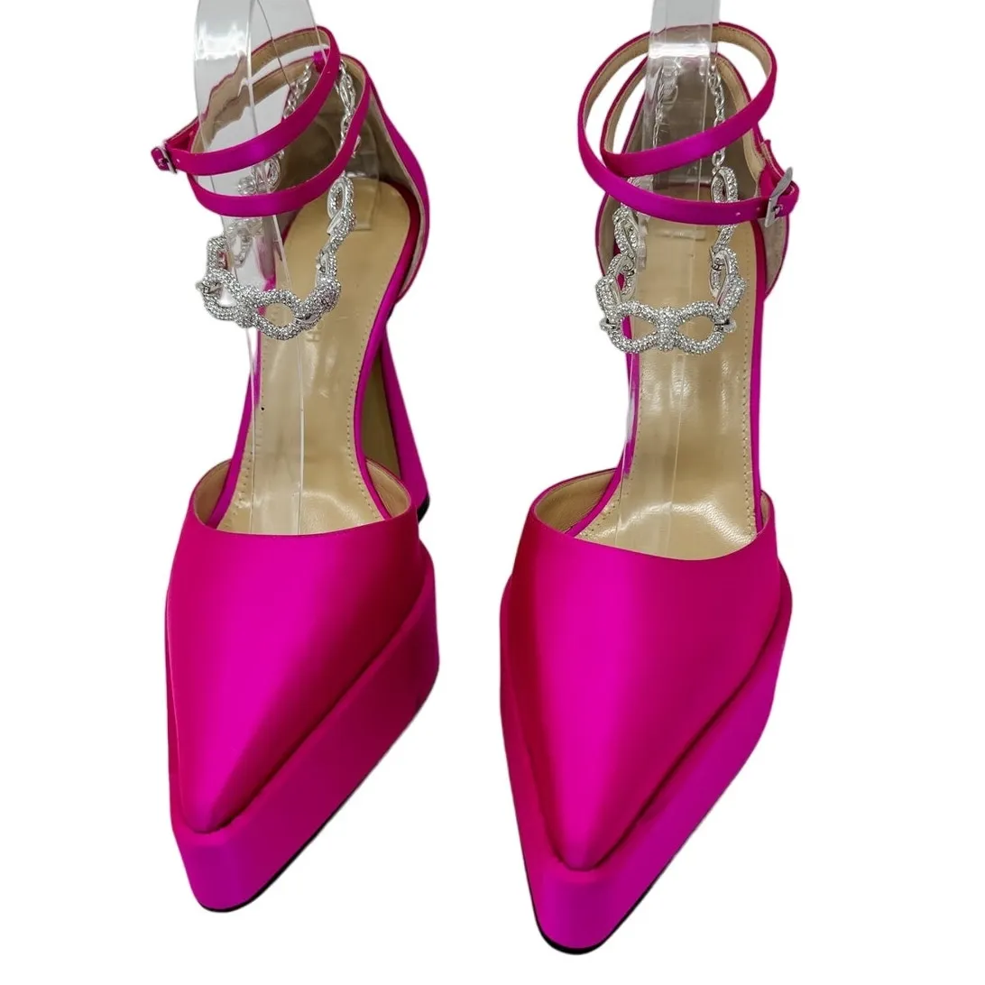 Mach & Mach Satin Crystal Bow Chain Platform Pumps Block Heel Hot Pink Size 40 - Image 11