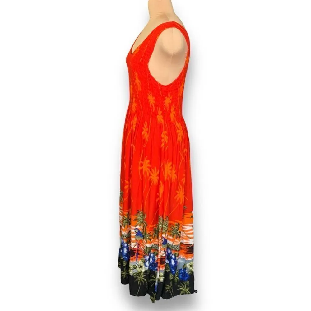 Vintage Maxi Dress Hawaiian Print Red Orange Smocked Top Tropical Macaw Medium Red - Image 2