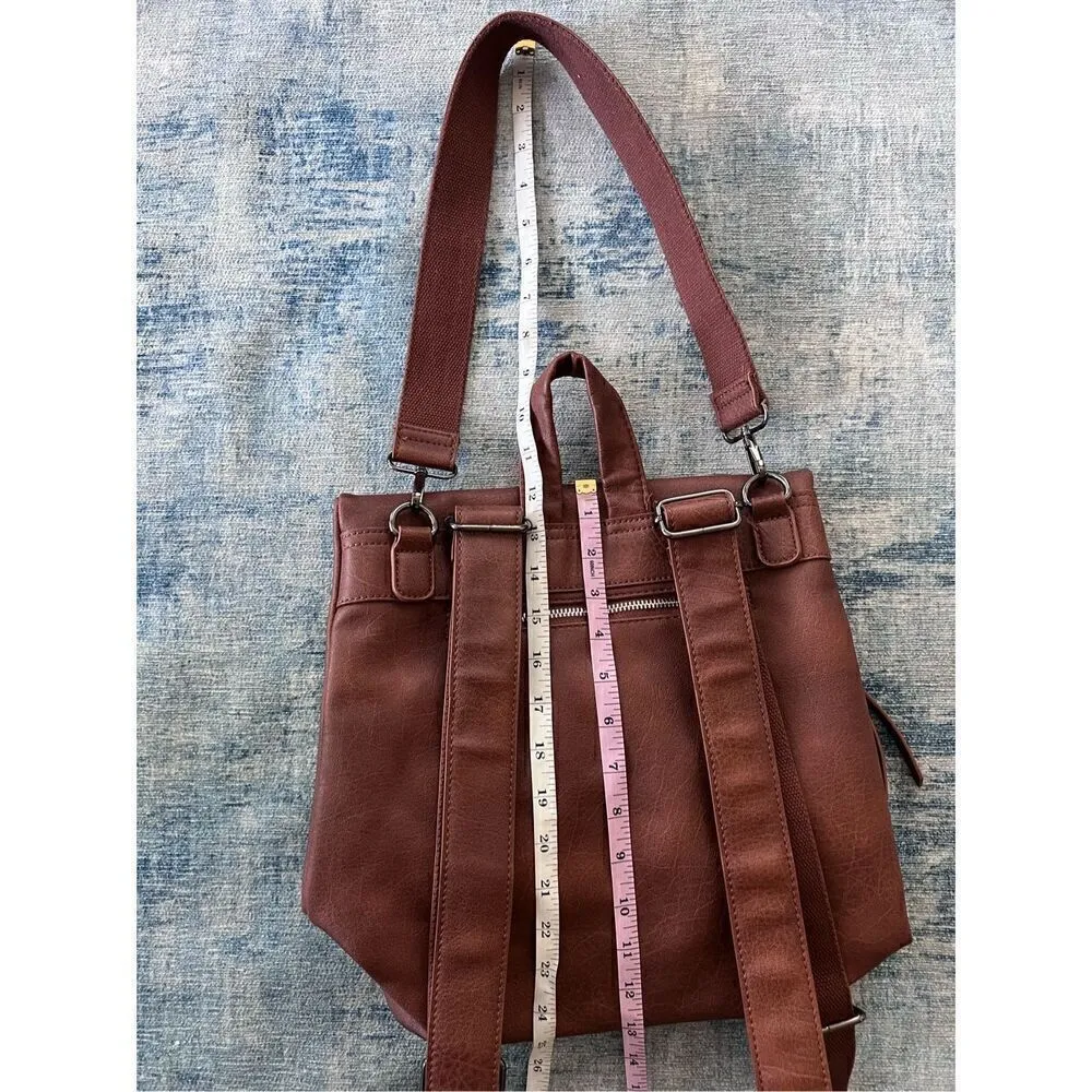 Brown Faux Leather Fold Over Bucket Shoulder Convertible Backpack - Image 7