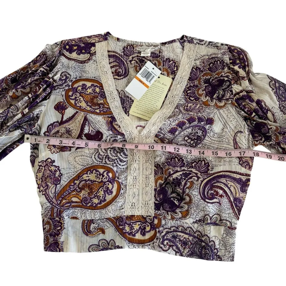 Band of the Free Mirabelle Cream Purple Paisley Boho Lace Crop Top Blouse Small - Image 4
