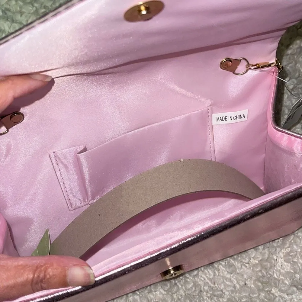 Satin Metallic Purse Shoulder Bag Shiny Chain Pink 9”x6”x2.25” NWT - Image 2