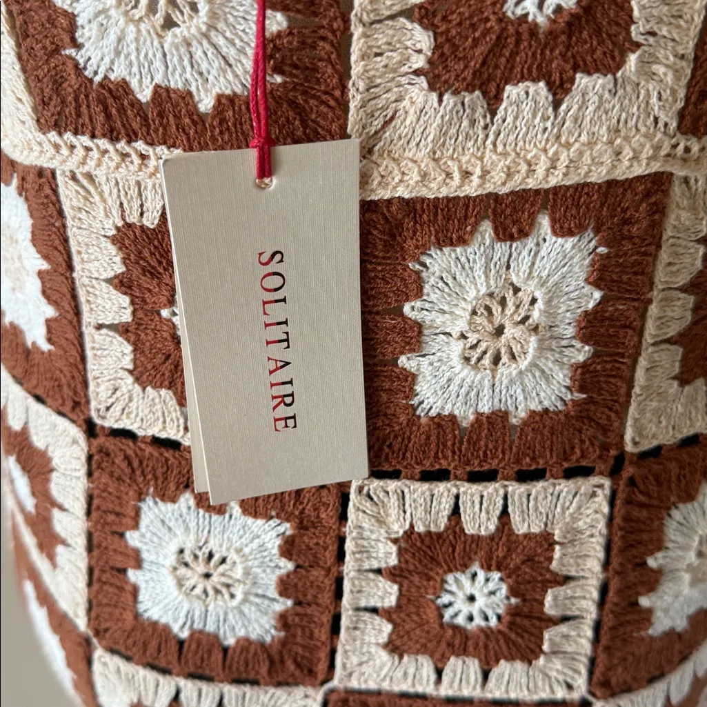 NWT SOLITAIRE Crochet Granny Square Midi Dress Brown Cream Small - Image 8
