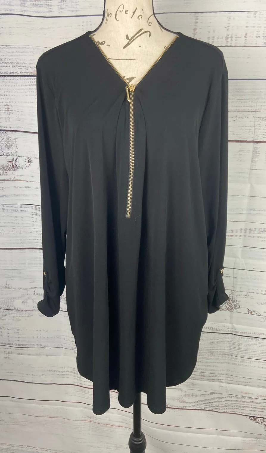 JM Collection Half Zip Blouse Womens XXL Black Roll Tab Long Sleeves Stretch - Image 1