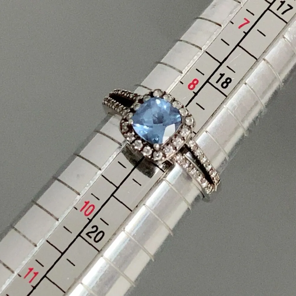925 Sterling Silver Simulated London Blue Topaz Engagement Ring Signed AC TM White - Image 3