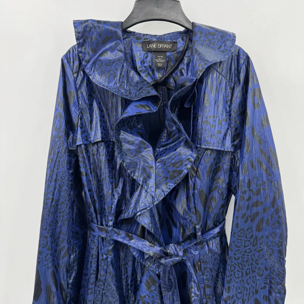 Indigo Blue & Black Leopard Animal Print Trench Coat Raincoat Ruffles Belted - Image 2