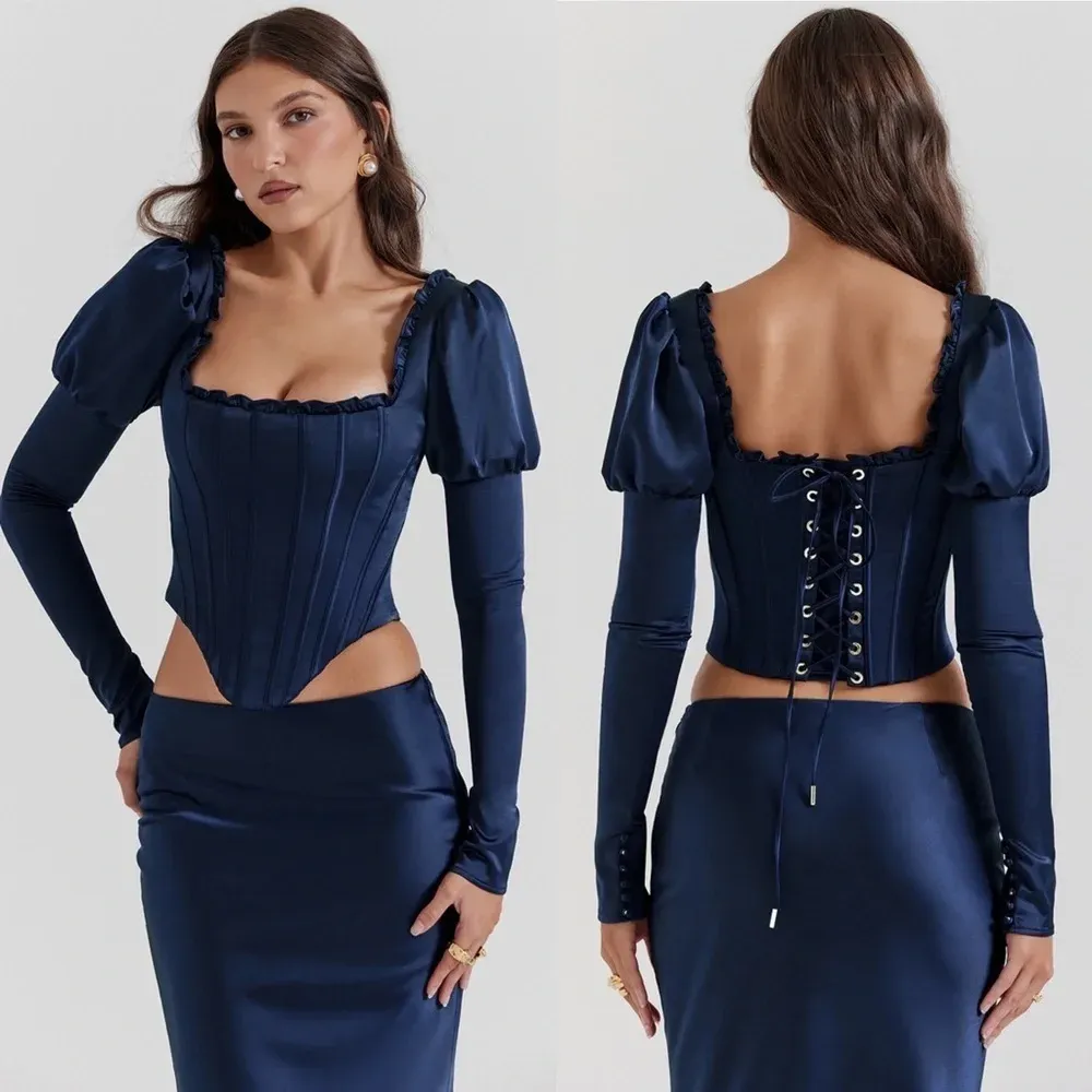 HOUSE OF CB 'Dana'‎ & Charlene Navy Puff Sleeve Corset & Maxi skirt Set NWOT L - Image 10