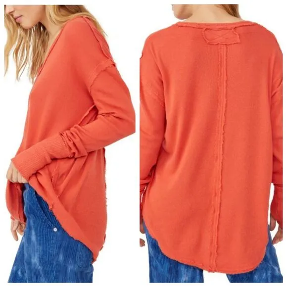 Free People Women size Small Orange Colby Raw Edge Knit Top - Image 2