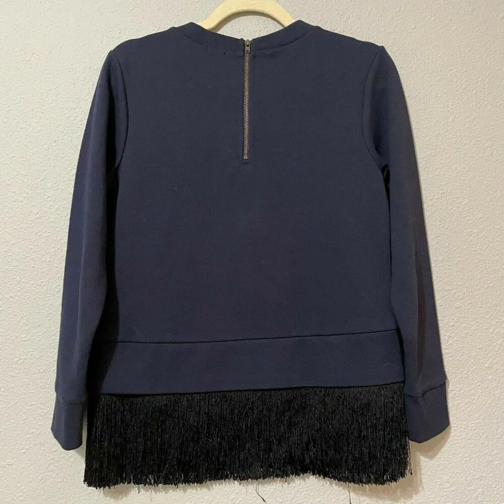 J. Crew Womens Blue Crewneck Long Sleeve Fringe Hem Pullover Sweatshirt Size XS - Image 2