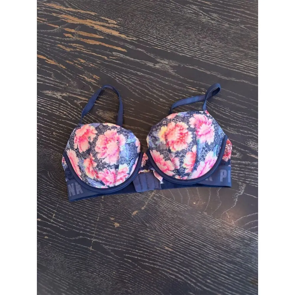 Victoria's Secret PINK Push Up Bra 34D Floral Navy Blue/Pink Adjustable … - Image 5