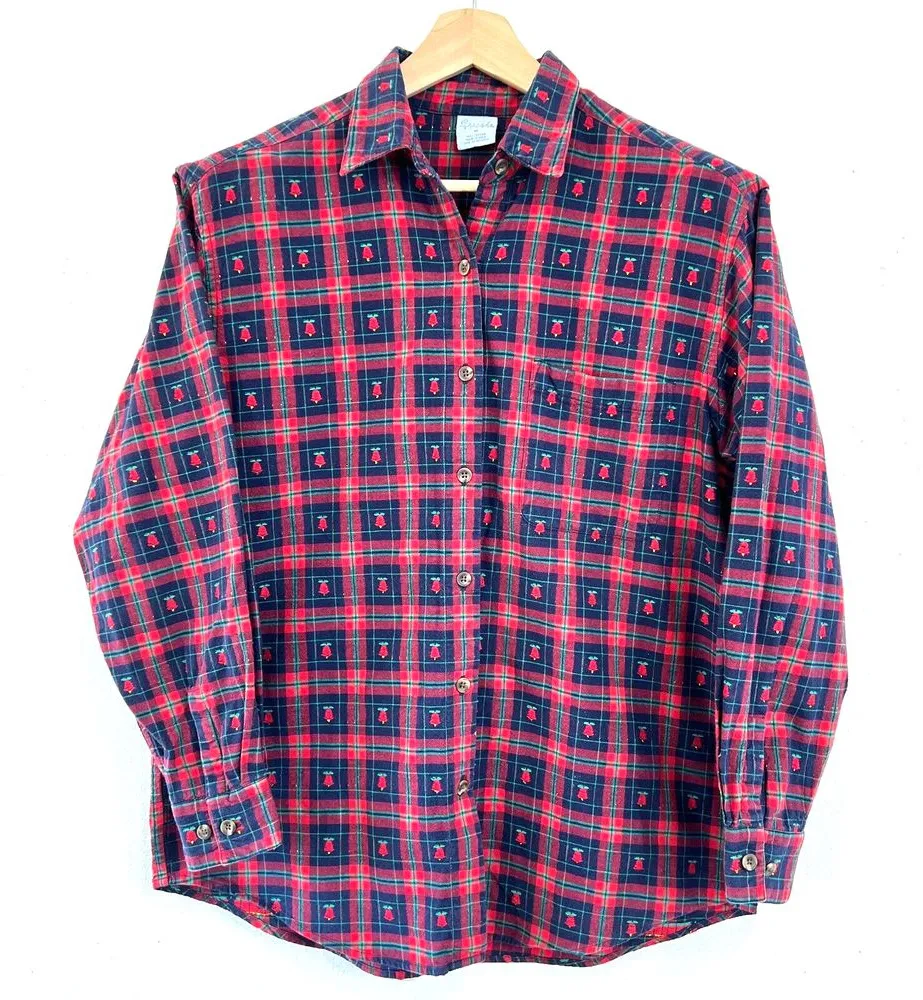 Cascade Blues Shirt Button Up Womens Medium Red Check Christmas Tree Bell Print - Image 1
