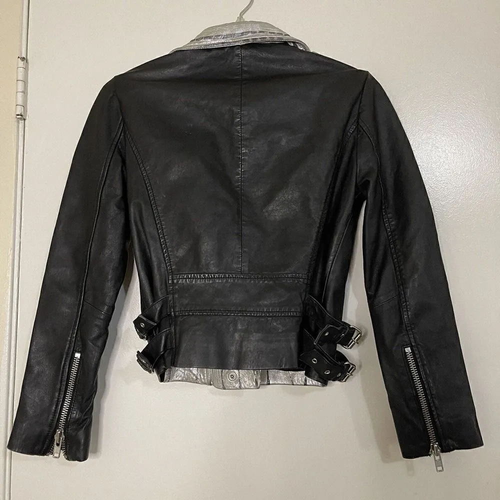 OAK Genuine Leather Black and silver metallic motorcycle riding zip up jacket S - Image 6