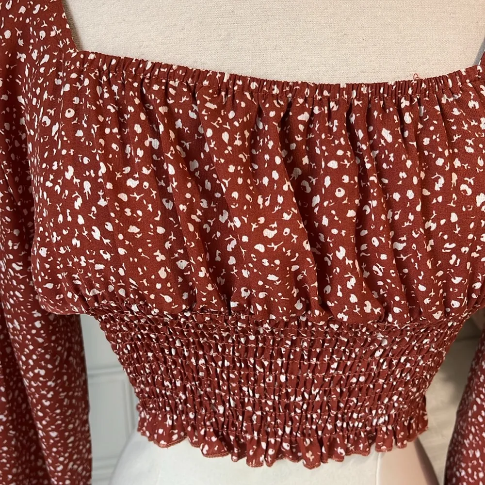 Romantic Peasant Crop Top Long Sleeve Rust Smocked Womens XS - Image 4