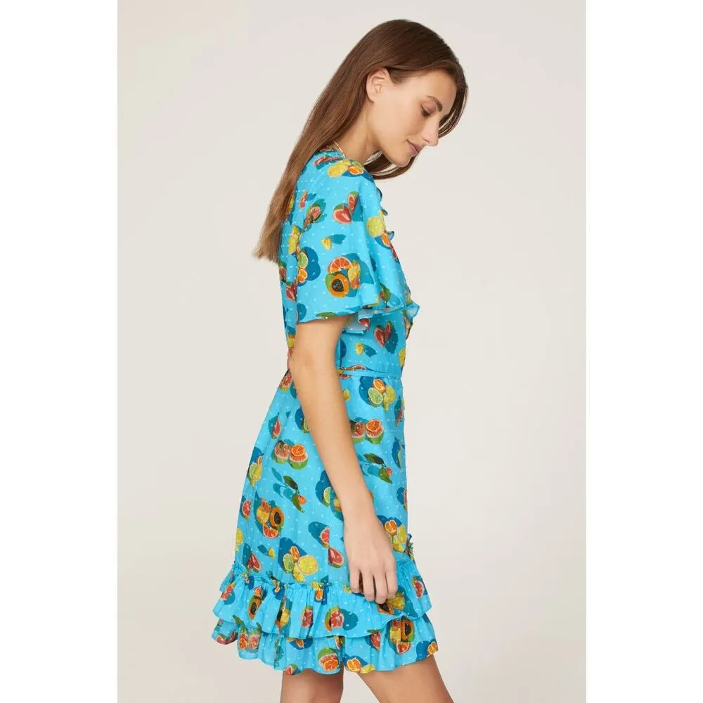 Rachel Antonoff Abby Blue Citrus Fruit Print Ruffle Wrap Mini Dress Size XS - Image 2