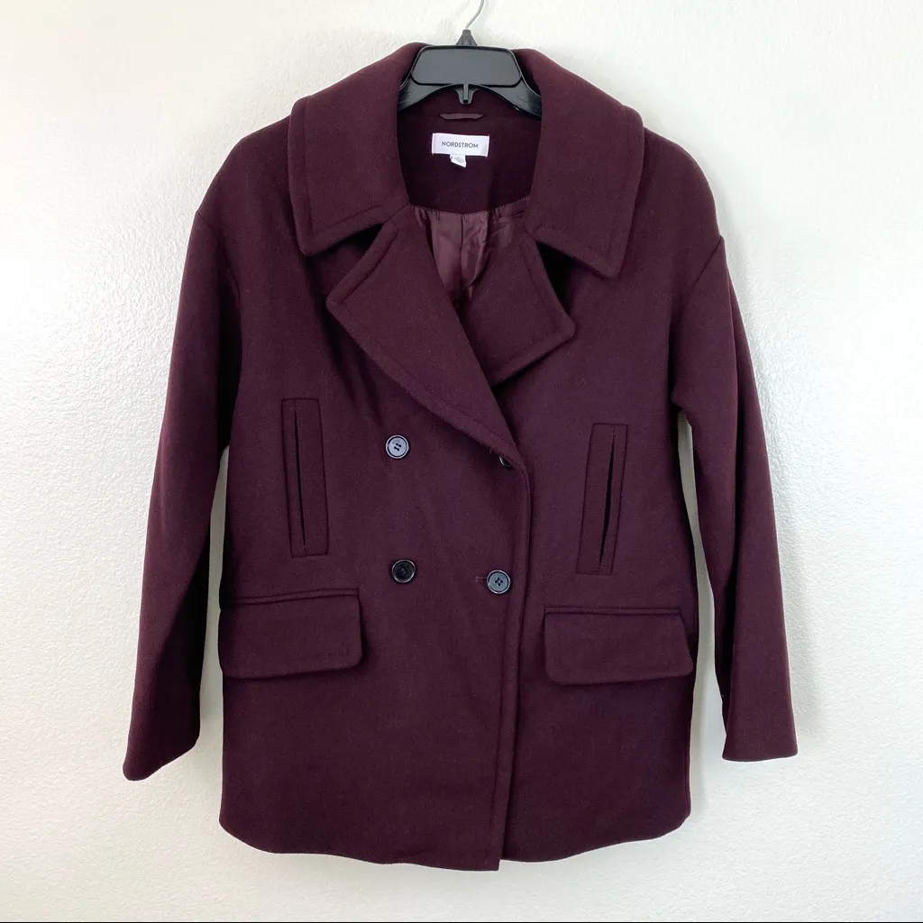 Nordstrom  Double Breasted Wool Blend Peacoat Burgundy S - Image 4