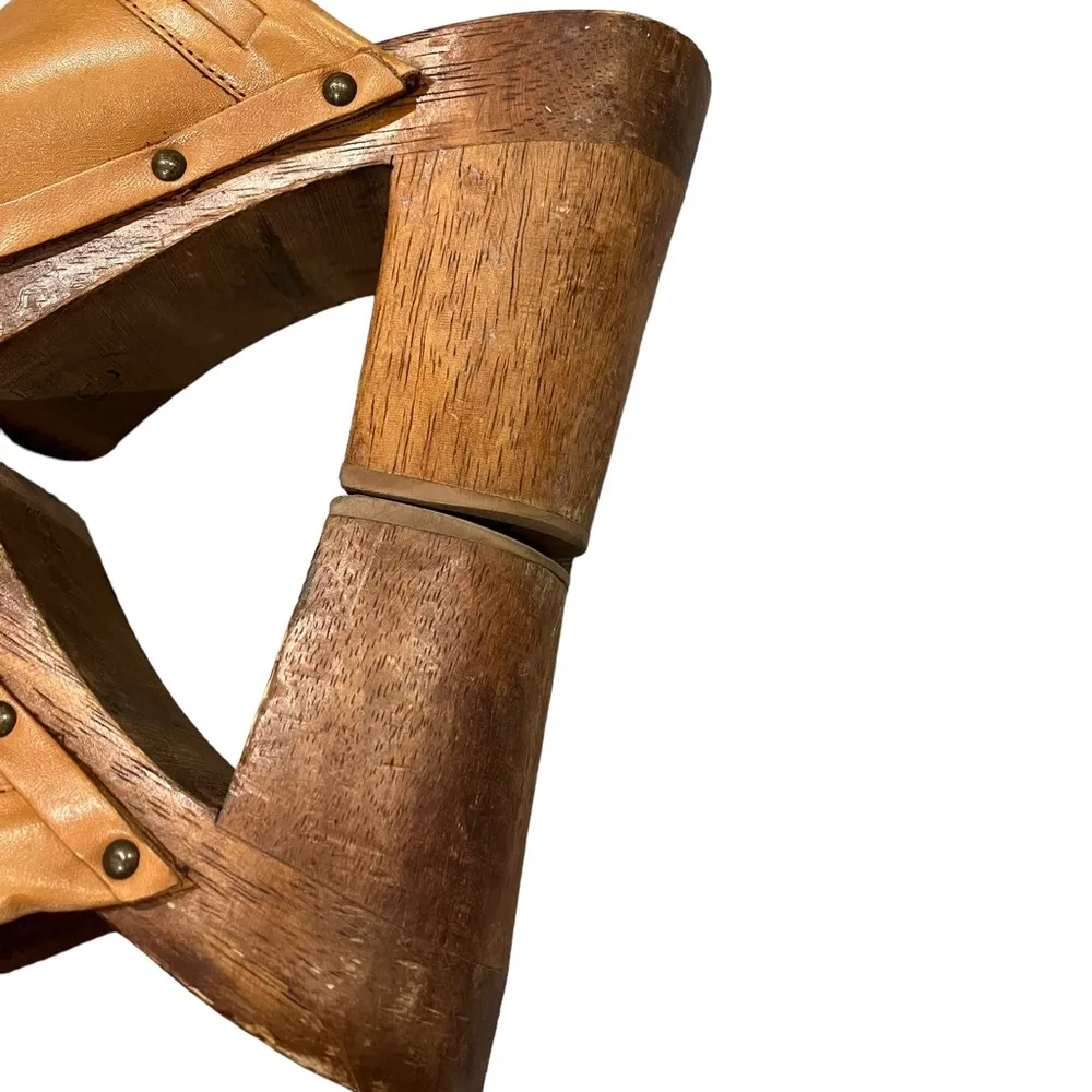 Vintage 90’s American Eagle Outfitters Leather Wooden Platform Clogs, Sz… - Image 13