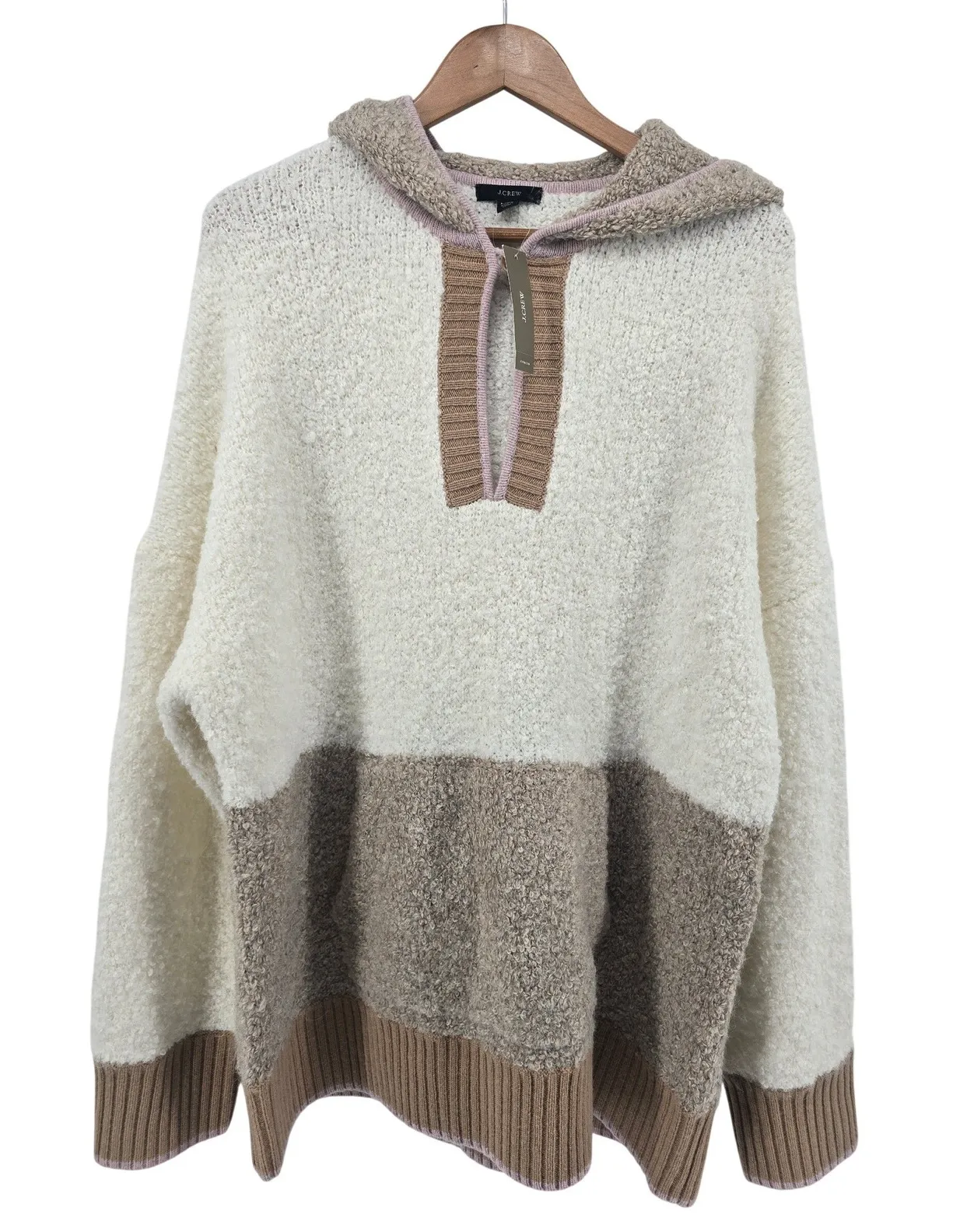 J. Crew LXL Colorblock Teddy Fleece Pullover Sweater Ivory Mocha Wool Wool Blend White Size L - Image 1