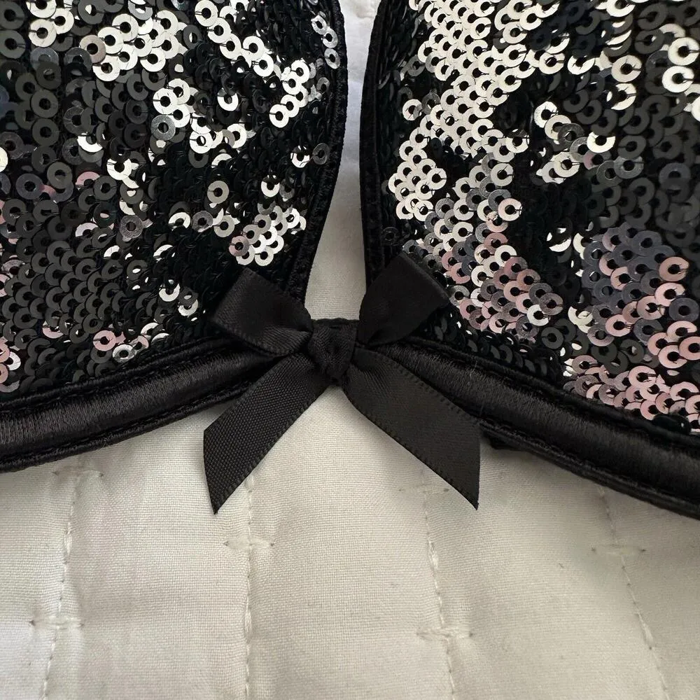 Victoria’s Secret Gorgeous Plunge Push Up Bra 34C Black With Silver Sequin - Image 3