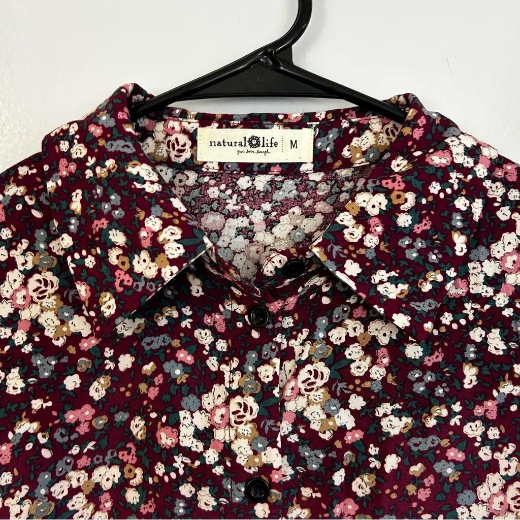 Natural Life Twiggy Burgundy Floral Button Up Mini Shirt Dress Size Medium - Image 4