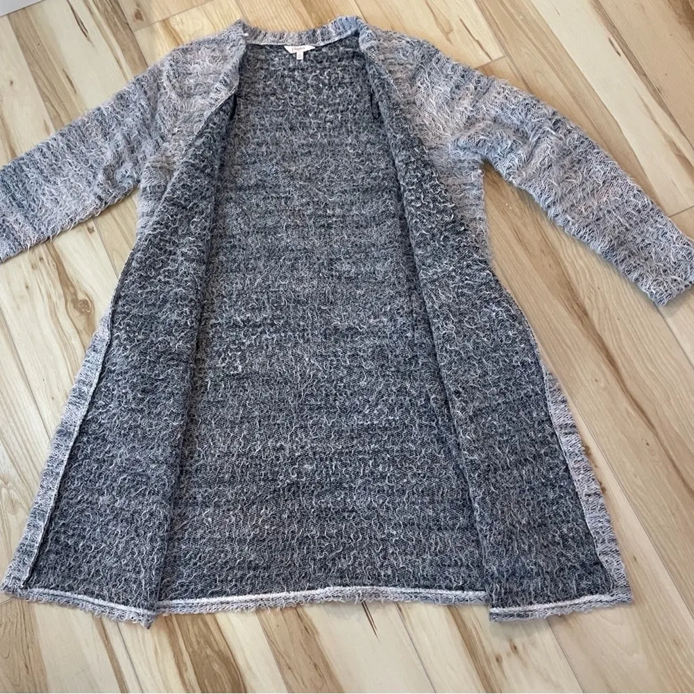 Candie's long cardigan fuzzy duster sweater womens large gray black white - Image 2