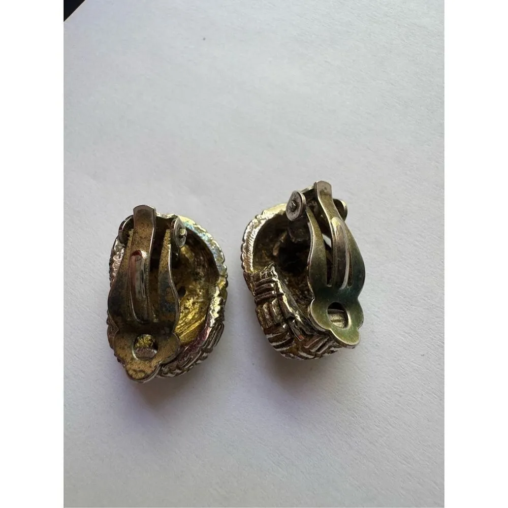 80s Vintage Chunky Gold Tone Twisted Embossed Clip On Earrings Retro Chic Money - Image 3