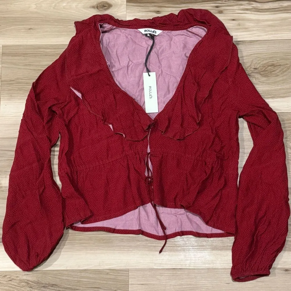 NEW Rollas Mini Spot Ruffle Currant Drawstring Waist Split Blouse Women’s Small Red - Image 2