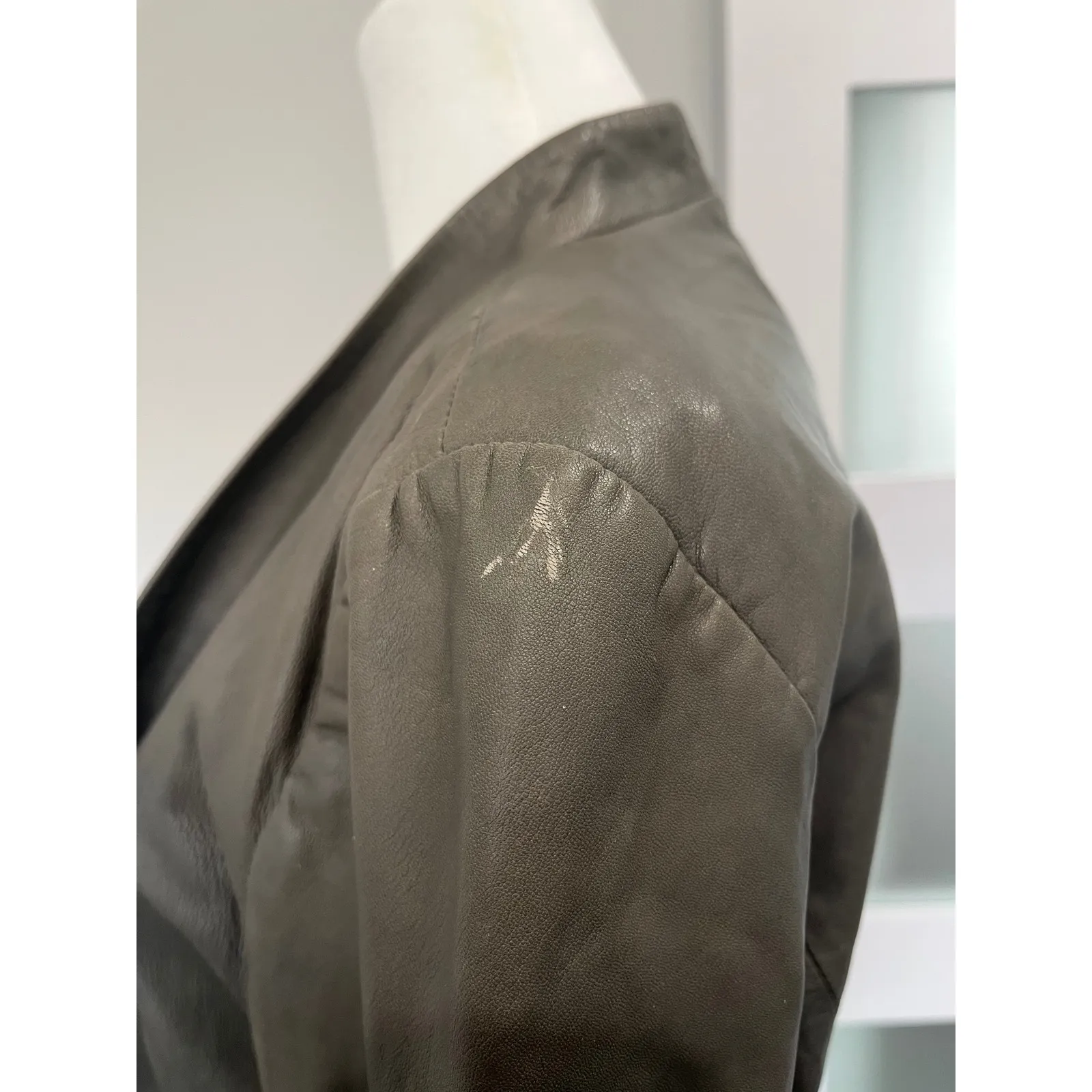 JOIE "Venette" Regal Leather Jacket Gray Taupe Ash Collarless Open Front Size S - Image 7