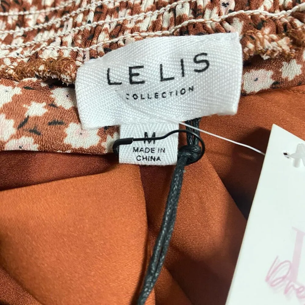 LE LIS Romper Floral Off The Shoulder Sz M Brown White Ruffle Smocked Waist - Image 6