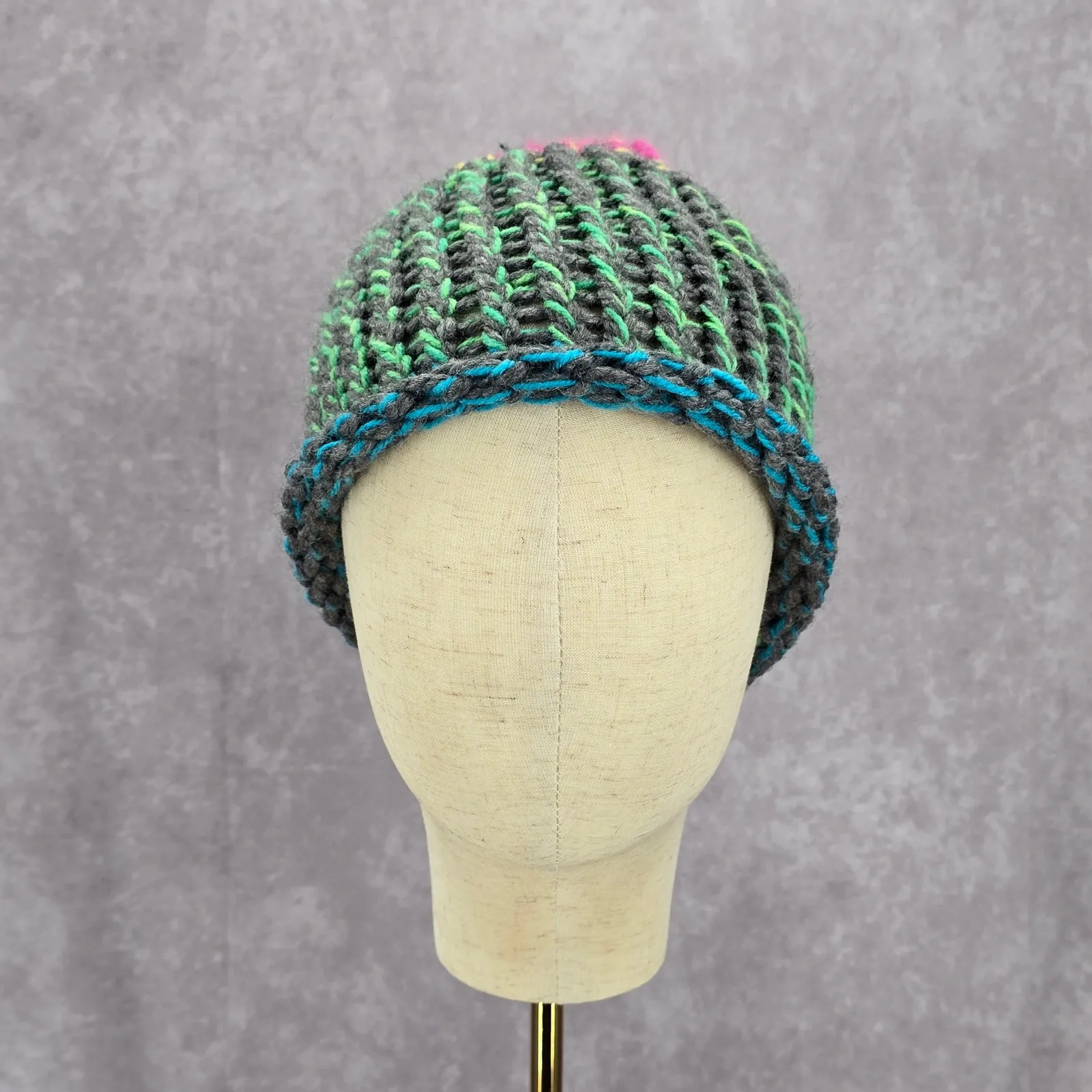 Green Pink Crochet Knit Bucket Cap Hat Fun Vintage Y2K Funky Beanie - Image 2