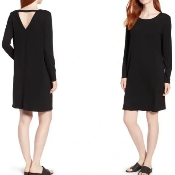 Eileen Fisher V Back Cutout Dress Medium Black Stretch Long Sleeve Minimalist - Image 2
