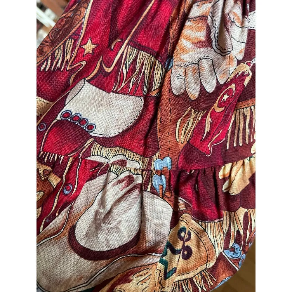 Vintage Longhorn Tiered Full Western Print Skirt Size Medium/ Large Red - Image 4