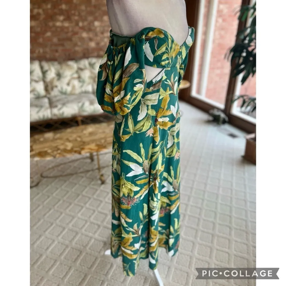 O.P.T. Callista Dress Maxi Floral Palm Off the Shoulder Linen Blend XS Party Mod Green - Image 14
