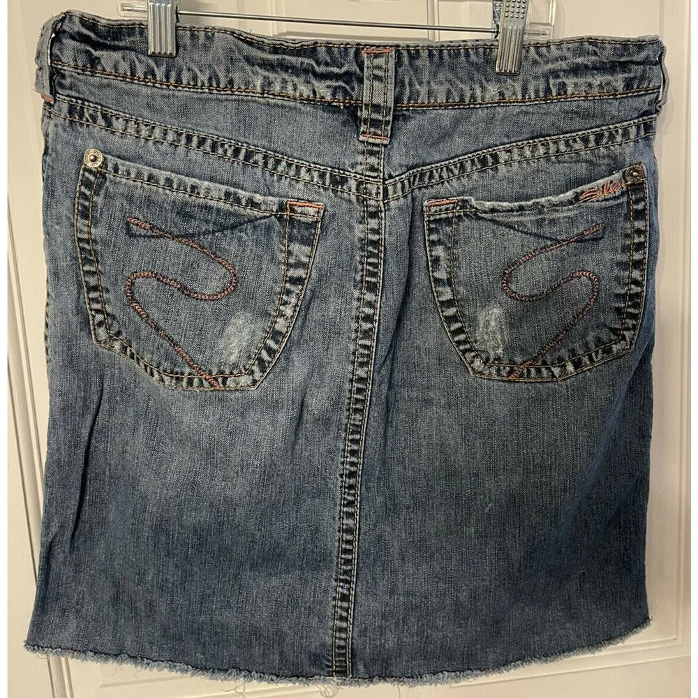 Silver Skirt Denim Devah Womens Size 28 Raw Seam Raw Hem Pink Stitching Jean - Image 2
