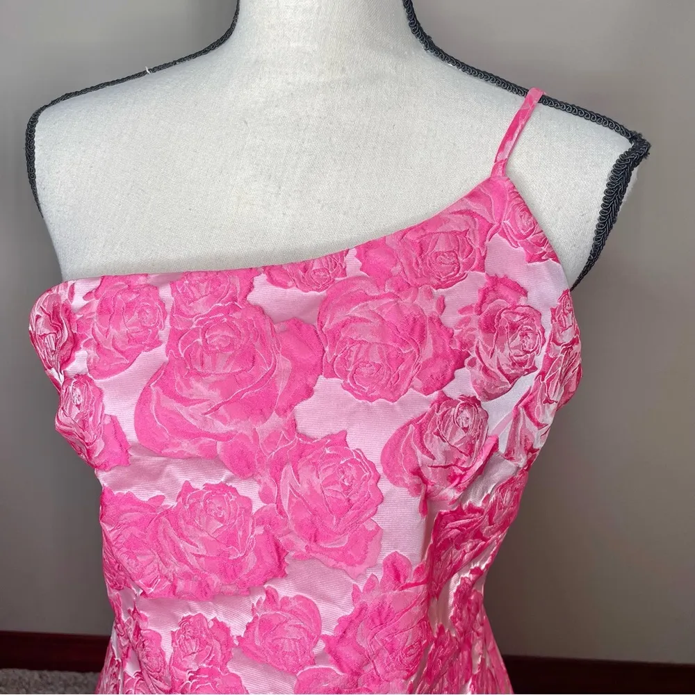 Lulus Flowery Fete Pink Floral Jacquard One Shoulder Mini Dress Large L Party - Image 4