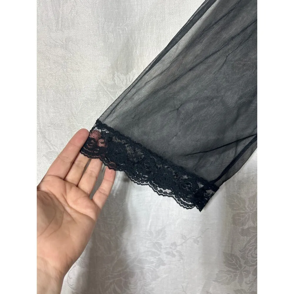 Vintage Robe Black Lace Tie Front USA Made One Size Long Maxi - Image 3