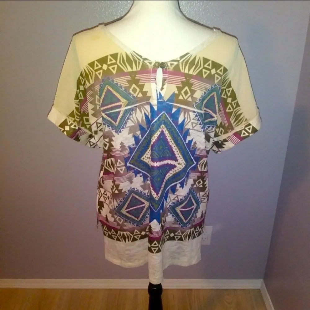 Vocal USA beige sequined Aztec native print short sleeve blouse - Image 4
