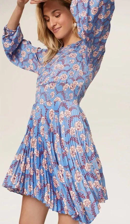 NWT Behati Dress Pleated Long Sleeve Cocktail Asymmetric Blue/Red Multi 6 - Image 4