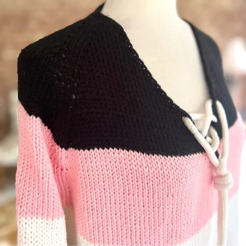 Sweater Striped Pink Black White Tie Front Nautical 8 Casual Preppy Lunch Work - Image 11