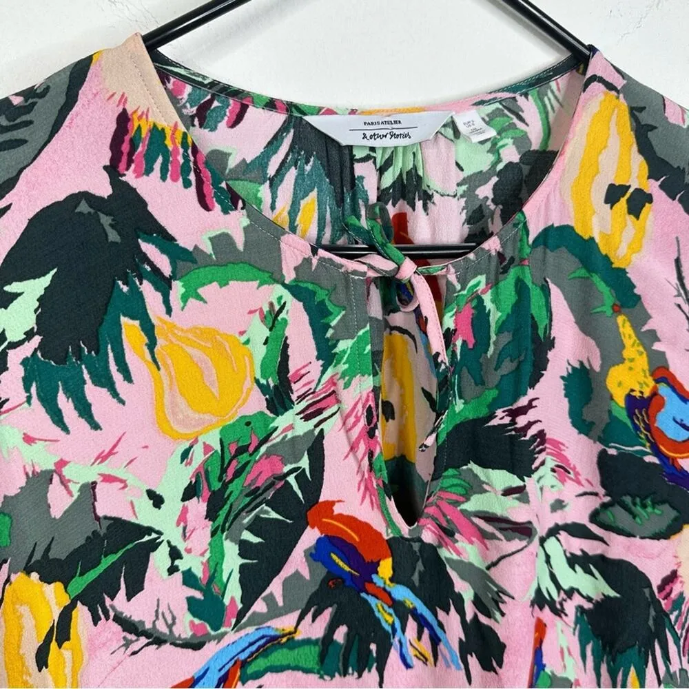 & Other Stories Pink Multi Color Tropical Parrot Print Midi Length Kaftan Sz S - Image 5