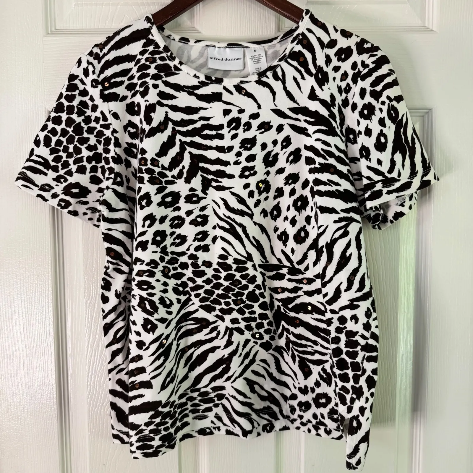 Alfred Dunner Animal Print‎ Top Zebra Leopard Short Sleeve Tee Shirt S Black - Image 6