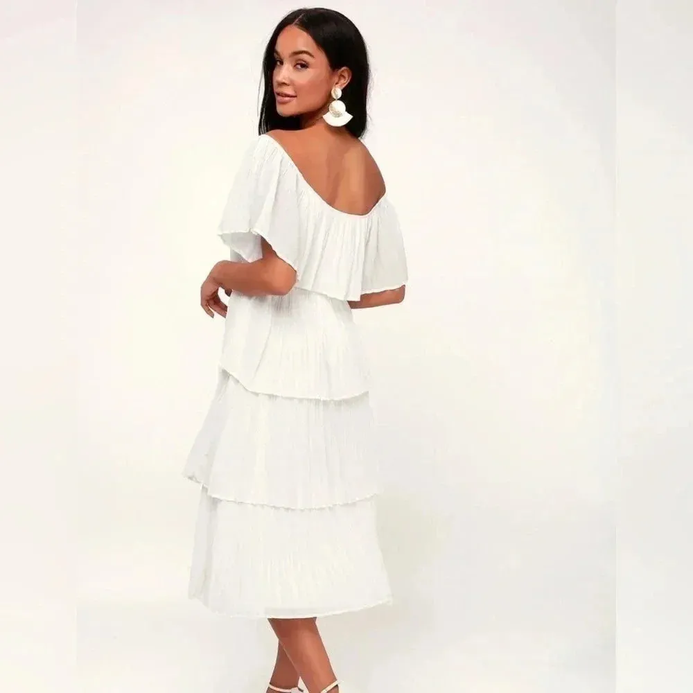 Lulus Gala Ready Off Shoulder Ruffle Midi Dress pleated bridal tiered engagement - Image 9