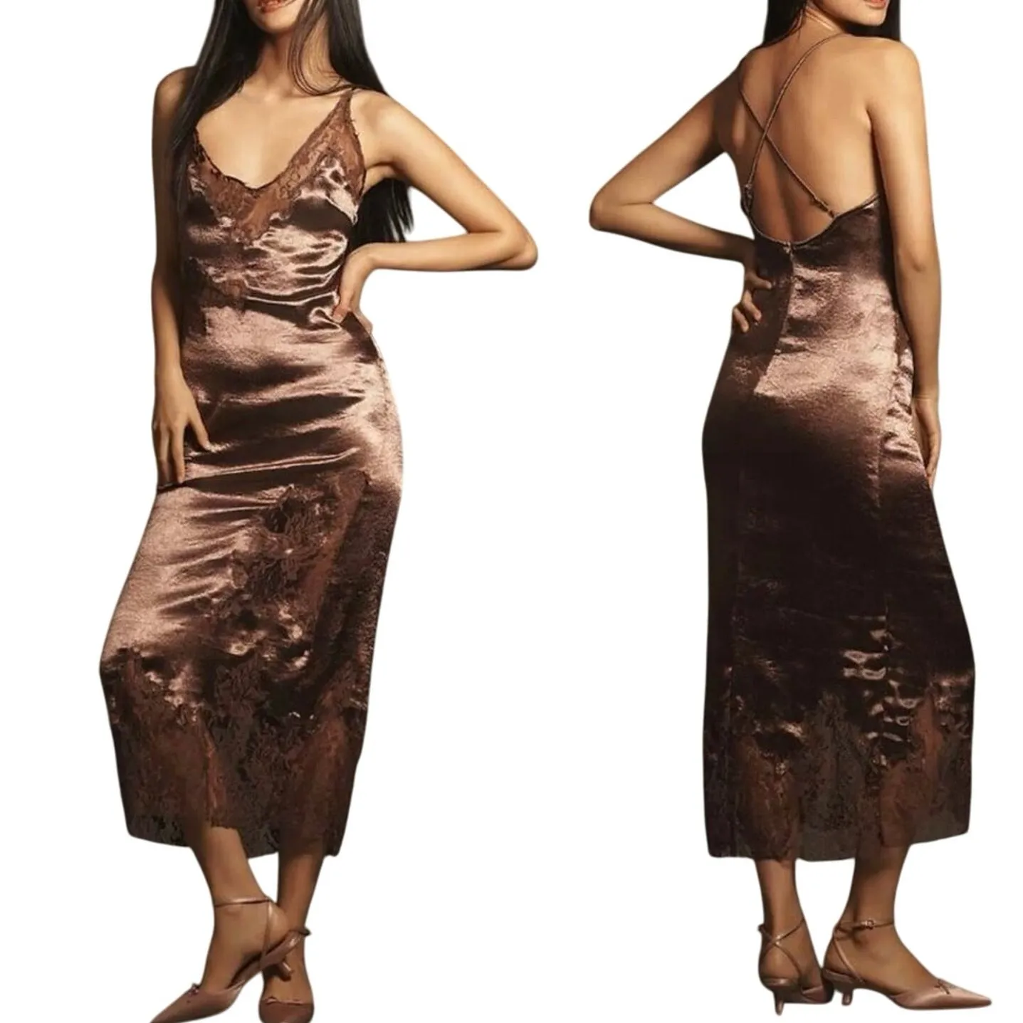 BY ANTHROPOLOGIE Plum Satin Lace Midi Pajama Dress, Size XL, New with Tag SOO - Image 2