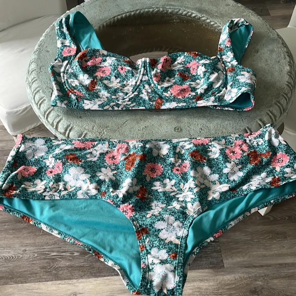 Retro floral aqua plus size 2X bikini set underwire wide strap tropical - Image 9