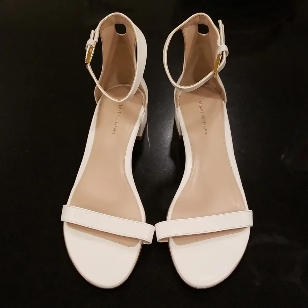 💕STUART WEITZMAN💕 Low Block Heel Leather Sandals White 8.5 Comfortable All Day - Image 2